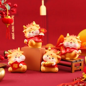 Four festive dragon figurines in Tang suits holding symbols of luck on a red background