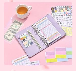Flat lay of purple A6 PU leather binder set with monthly budget sheets and sticker labels