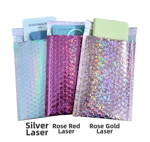 Detailed comparison of laser bubble mailers in silver, rose red, and rose gold metallic finishes