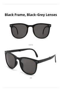 Detail view of black frame folding sunglasses with dark grey lenses and silver rivets