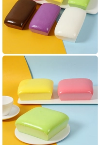 Detailed view of colorful slow rebound PU squishy toast models in various pastel colors
