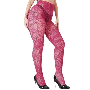 Rose red floral lace fishnet tights with hollow pattern shown with black high heels