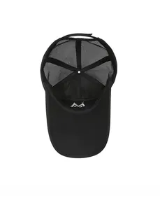 Internal view of a black mesh baseball cap showing breathable texture and inner lining