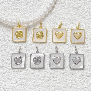 Square gold and silver rose heart charms with mother of pearl inlay for jewelry making