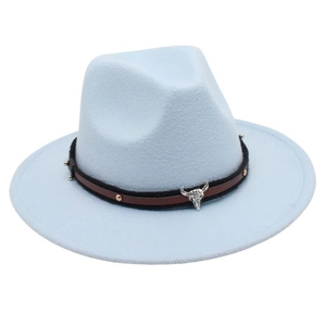 Detail of light blue wool fedora with brown leather strap and silver bull skull ornament