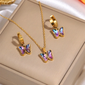 Elegant gold butterfly necklace and earrings set with colorful gradient crystal stones