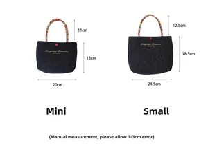 Size comparison chart for denim tote bags with embroidery and colorful handles