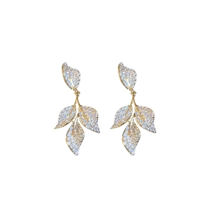 Elegant gold leaf drop earrings with sparkling zircon crystals in a refined floral design