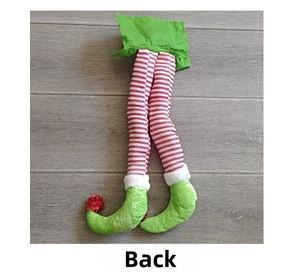Detail view showing the back side of striped fabric Christmas elf legs ornaments