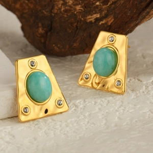 Gold-plated stainless steel trapezoid stud earrings with turquoise stone and crystals