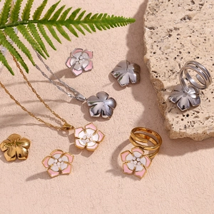 Three-layer pearl flower jewelry set with 18K gold plated necklace earrings and ring