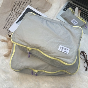 Detailed view of grey travel luggage organizers with contrast zippers on white plush rug