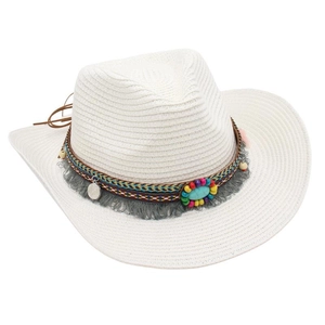 Close-up of white Western cowboy straw hat featuring an ethnic beaded and fringed band