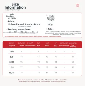 Detailed size guide for high-stretch yoga bodysuit with measurements in cm for sizes S to XL