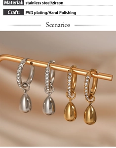 Detailed view of teardrop zircon earrings with gold and silver PVD plating finish