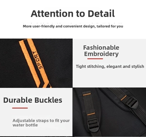 Detail of durable black sport backpack with orange embroidery and adjustable side buckle