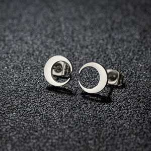 Polished stainless steel crescent moon stud earrings for women in a minimalist silver style