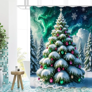 Detaillierter Weihnachtsduschvorhang mit 3D-Druck von verschneiten Bäumen und Polarlicht