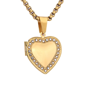 Minimalist gold heart locket necklace with sparkling crystal borders on white background