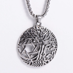 Classic Nordic Viking Tree of Life and Star of David hollow round pendant in silver