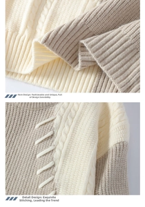 Detailansicht der beigen Zopfstrickmuster und Streifentexturen auf dem dicken Herrenpullover