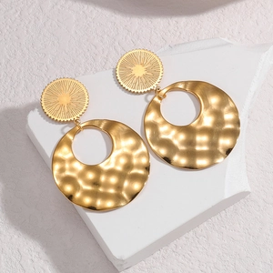 Chic 18K gold hollow geometric earrings with hammered texture on white stone base
