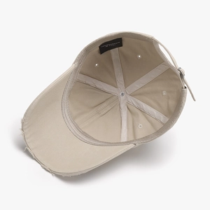Khaki cotton baseball cap with frayed edges and adjustable metal buckle closure