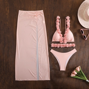Pink 3-piece bikini set with floral straps and matching sheer mesh long skirt