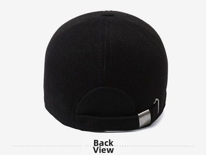 Detailed back view of a men's winter baseball cap with an adjustable metal buckle