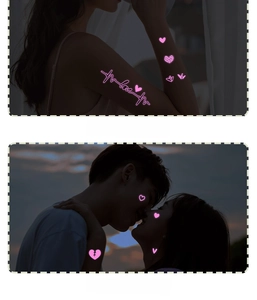 Close-up view of luminous pink heart temporary tattoos glowing on skin in the dark