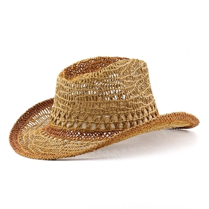 Handwoven straw cowboy hat with hollow breathable design and brown gradient finish