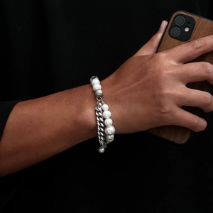 Bracelet double couche avec perles blanches et chaîne cubaine en argent pour homme et femme