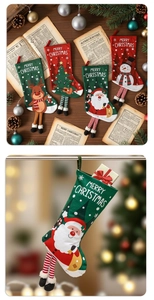 Detail of Christmas stockings with long striped legs, reindeer and santa claus prints