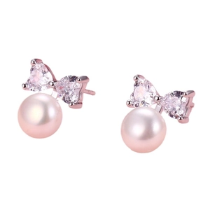 Elegant rose gold bow stud earrings with sparkling zircon and round freshwater pearls