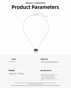 Detail showing S925 sterling silver evil eye necklace dimensions and 3.86g weight specs