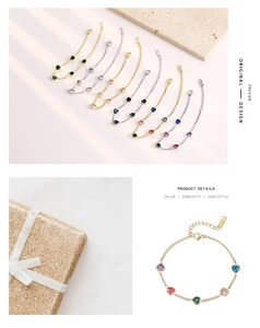 Detailed view of colorful heart-shaped zircon bracelets in gold and silver stainless steel