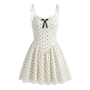 Polka Dot Mini Dress Spaghetti Strap Polyester Lace Trim Bow Sweet Summer Backless High Waist Slim Fit French Style Women