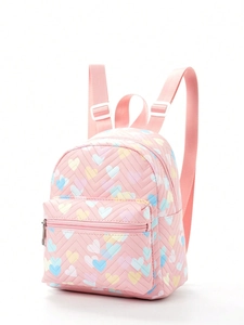 Pink heart print quilted backpack with adjustable straps and front pocket for school