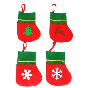 Set of 4 mini red and green Christmas stockings featuring snowflake and deer patterns