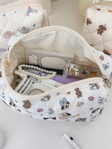 Quilted large capacity pencil case with cute cartoon animal patterns and zipper closure