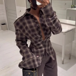 Chic y2k plaid long sleeve shirt with deep v-neck and slim fit waist for women