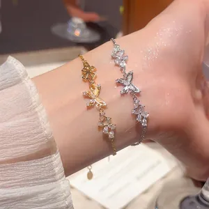 Butterfly Flower Bracelet 18K Gold Plated Copper Zircon Delicate Jewelry For Women Elegant Adjustable Fashion