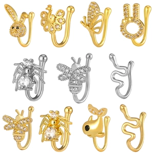 U-shaped animal nose clips with bee, spider, and butterfly designs in gold and silver finish