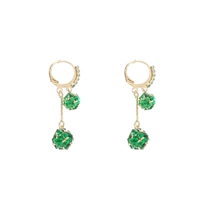 Vintage gold hoop earrings with green geometric crystal tassels and diamond accents