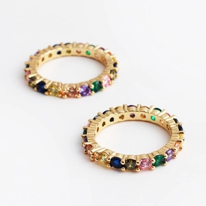 Adjustable gold plated eternity ring set with vibrant rainbow colorful cubic zirconia