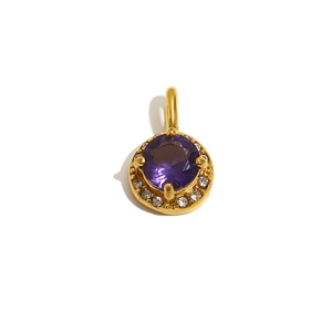 18K gold plated stainless steel barrel bead pendant with purple and white cubic zirconia