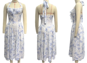 Detailed views of floral print dress with halter neck and tie-back backless design