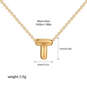 Detailed size chart for golden T-shaped bubble letter pendant with dimensions and weight