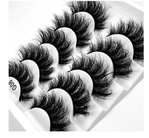 Detail of G08 dense messy voluminous false eyelashes 5-pack in white tray packaging