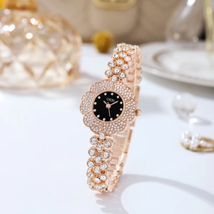 Orologio da donna di lusso a forma di fiore oro rosa con quadrante nero e cristalli